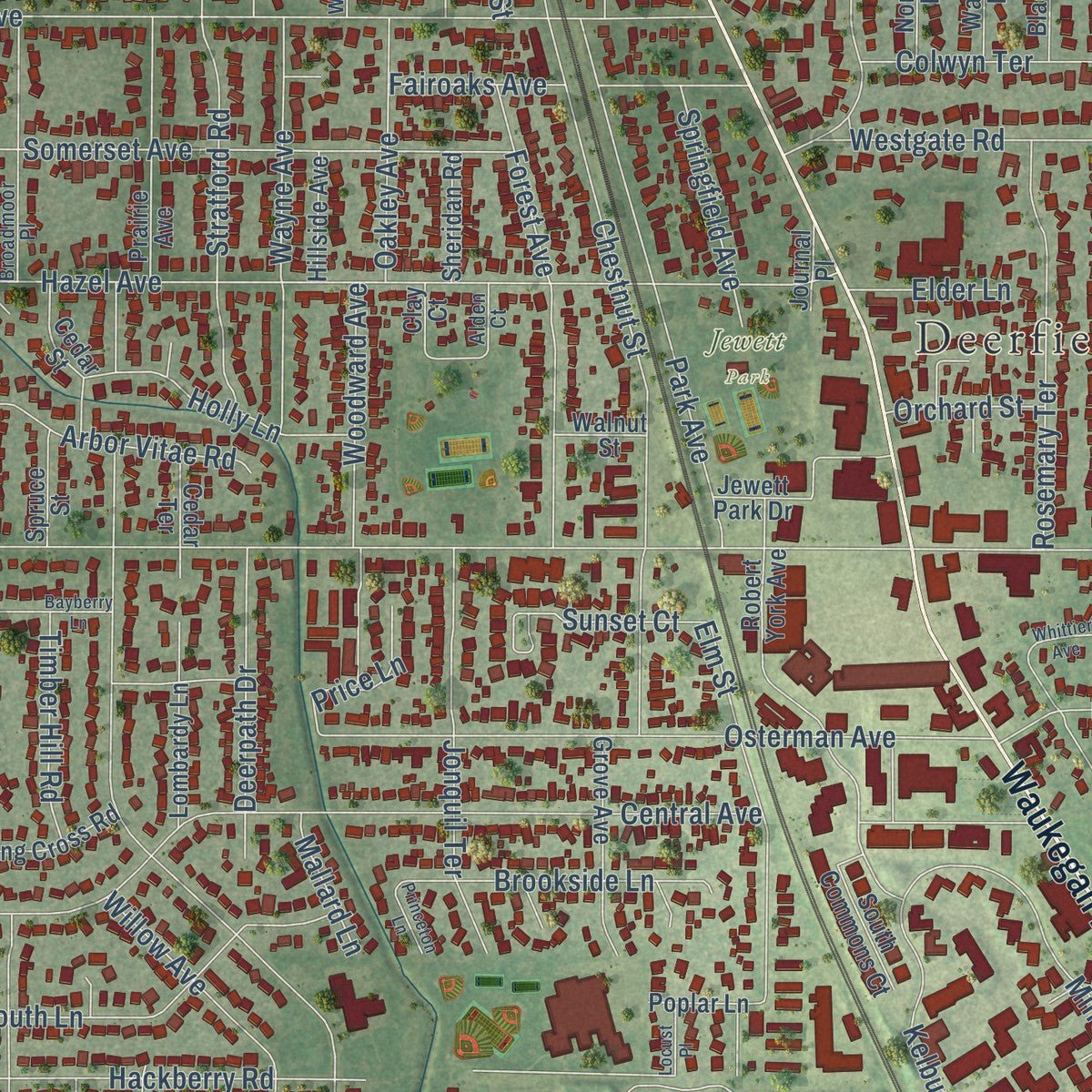 Close-up of the map of Deerfield, Illinois print showing street and building detail