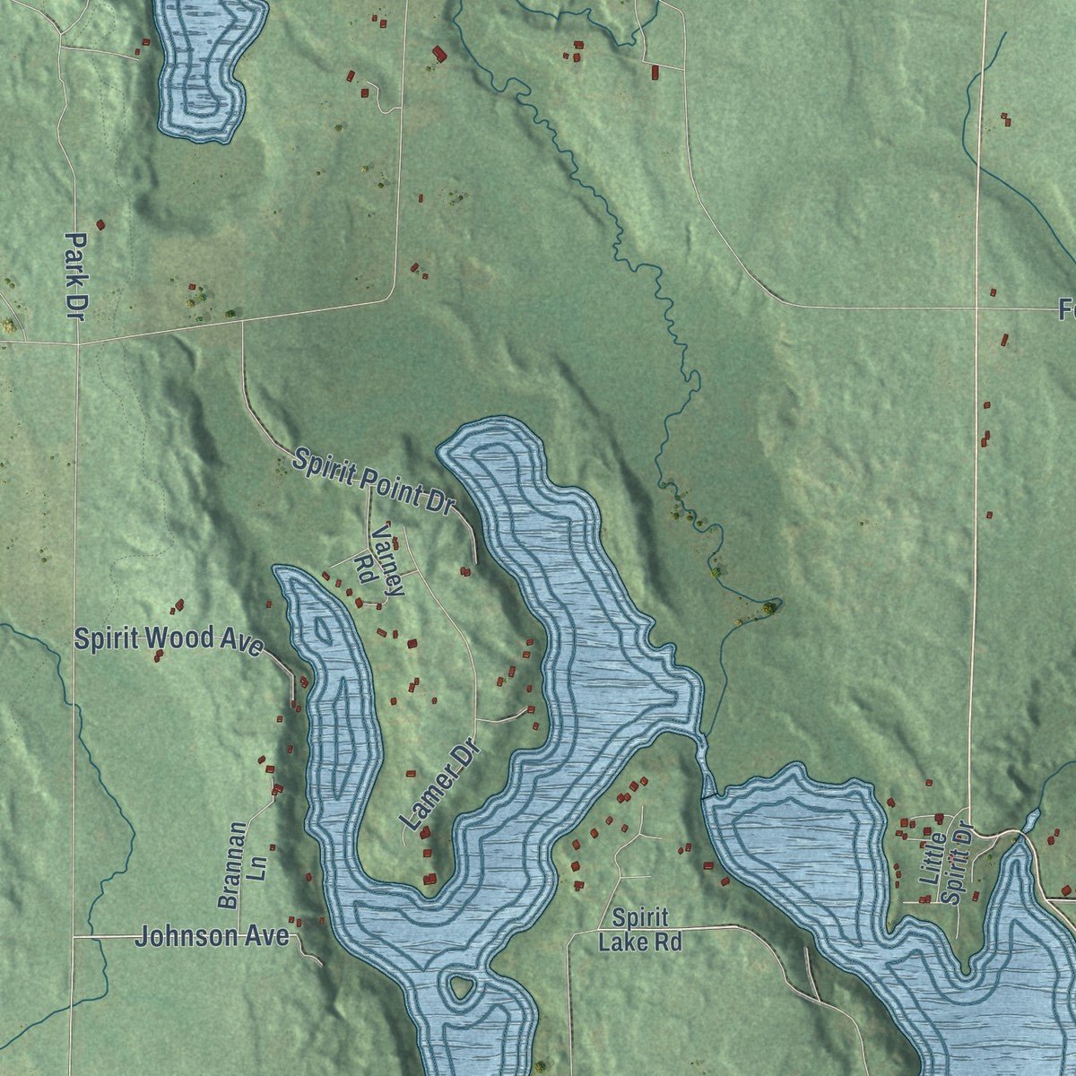 Close-up of the map of Spirit, Wisconsin print showing street and building detail