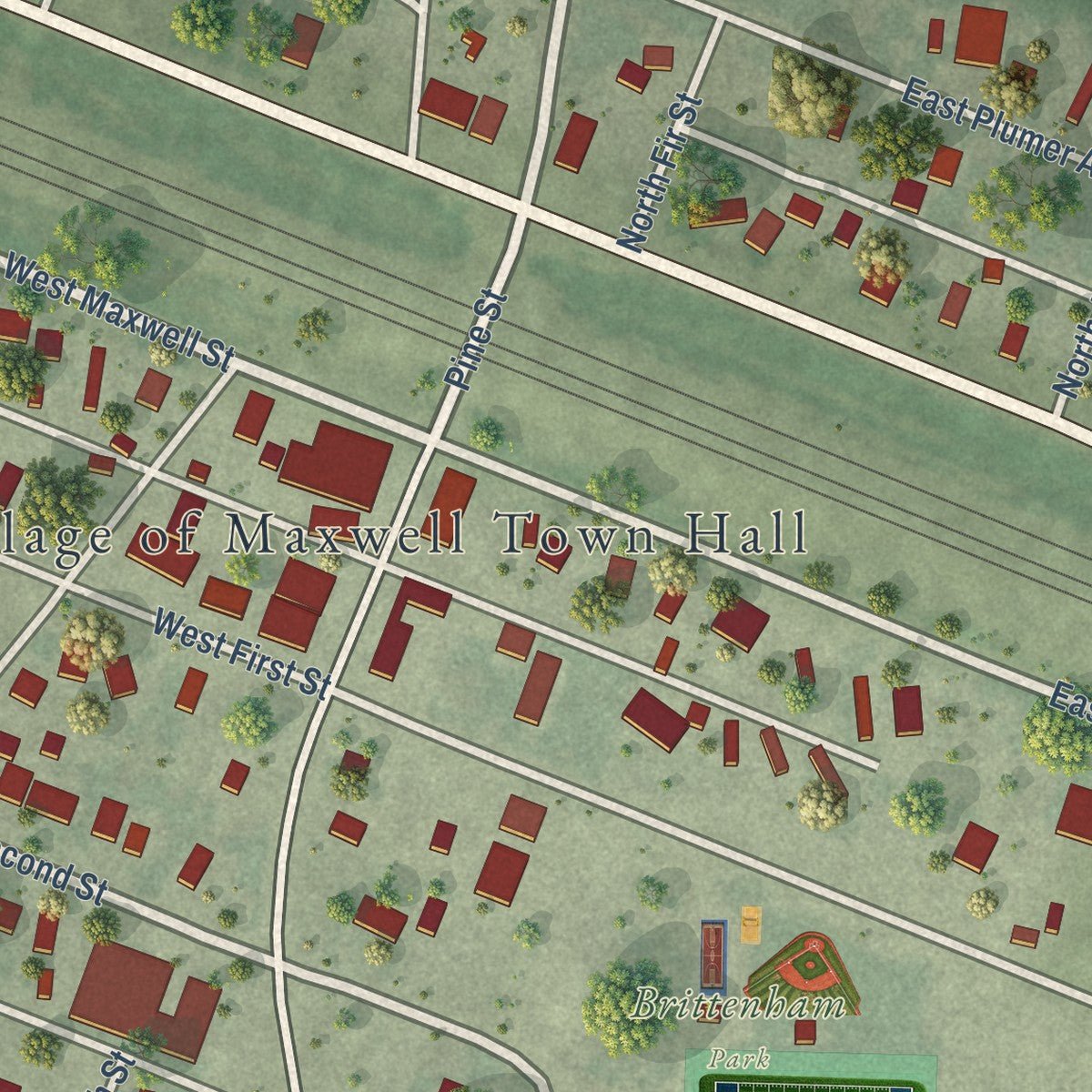 Close-up of the map of Maxwell, Nebraska print showing street and building detail