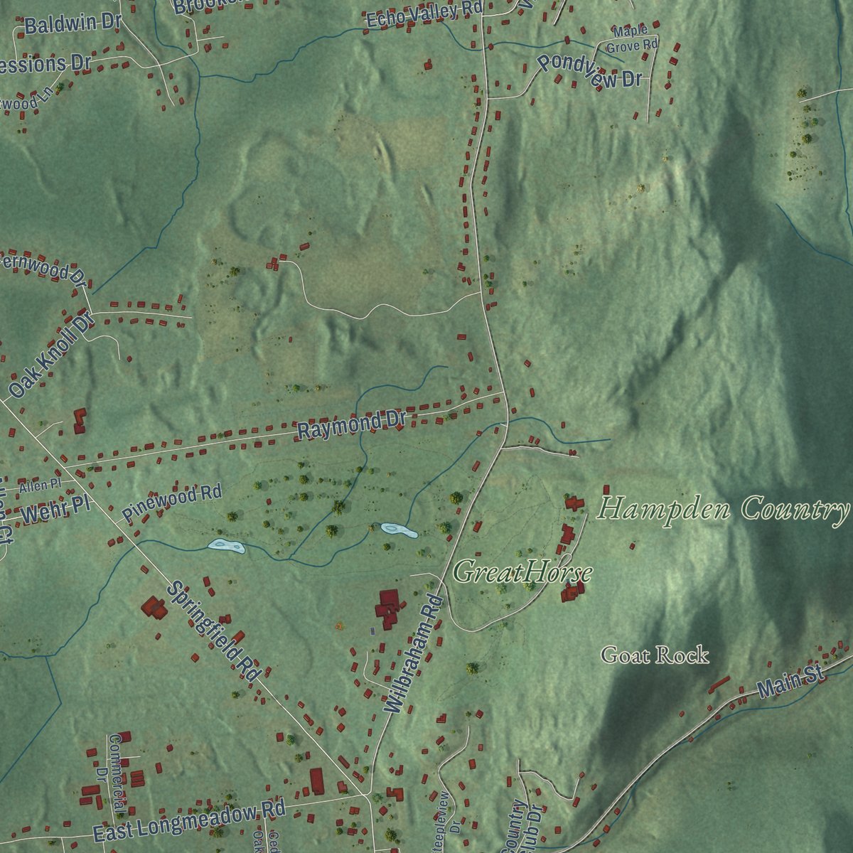 Close-up of the map of Hampden, Massachusetts print showing street and building detail