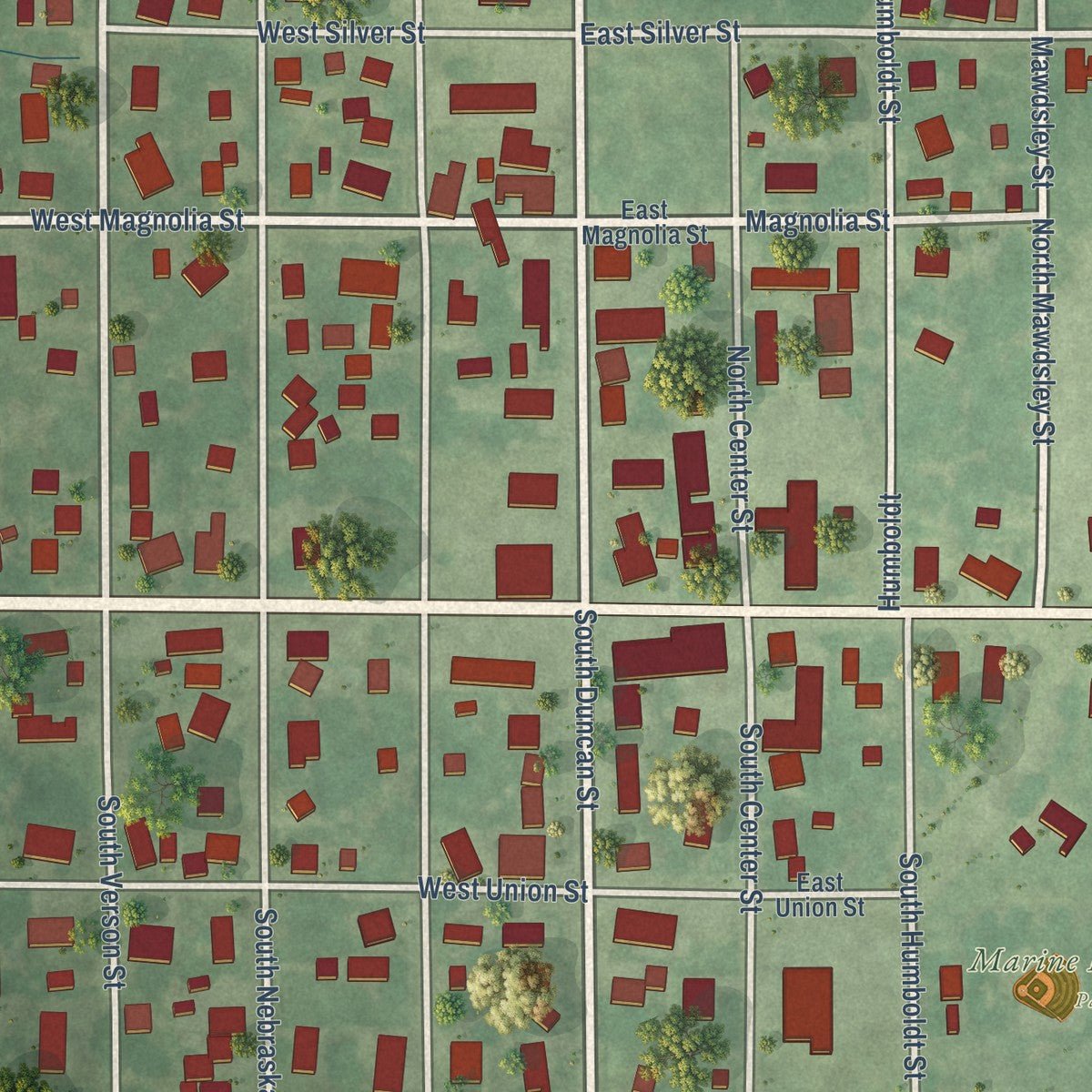 Close-up of the map of Marine, Illinois print showing street and building detail