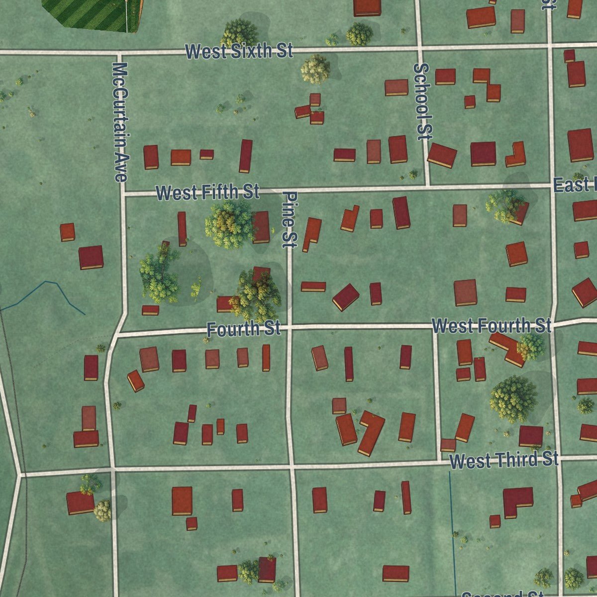 Close-up of the map of Wright City, Oklahoma print showing street and building detail