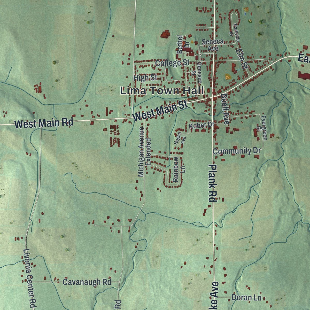 Close-up of the map of the Town of Lima, New York print showing street and building detail