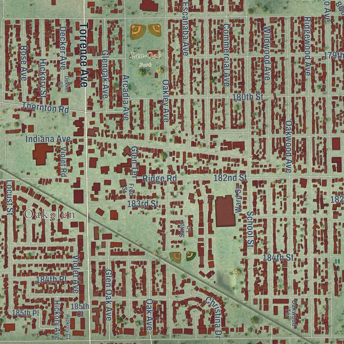 Close-up of the map of Lansing, Illinois print showing street and building detail