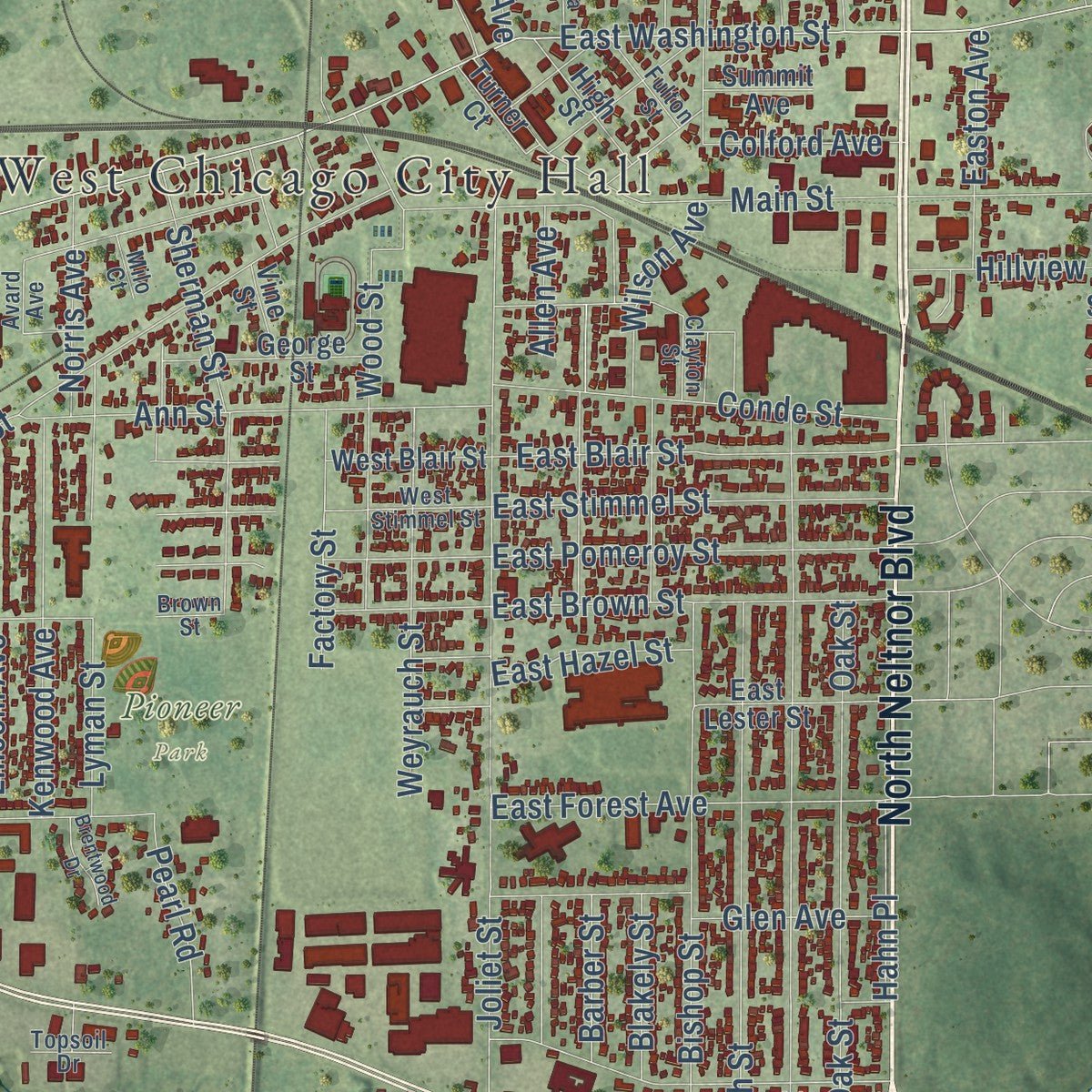 Close-up of the map of West Chicago, Illinois print showing street and building detail