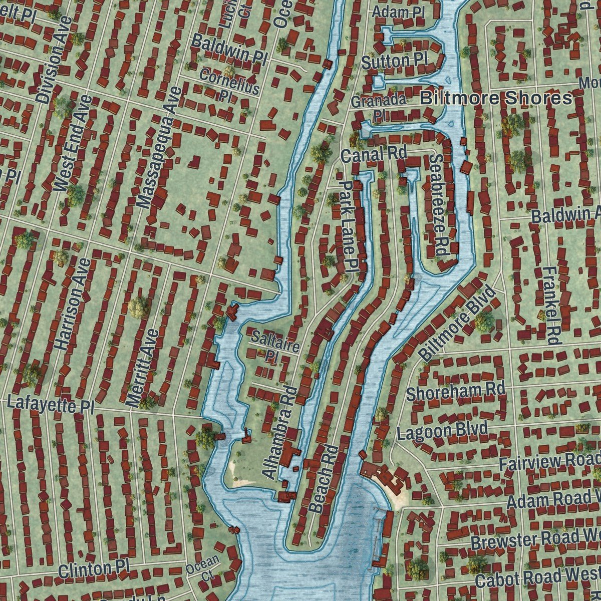 Close-up of the map of Massapequa, New York print showing street and building detail