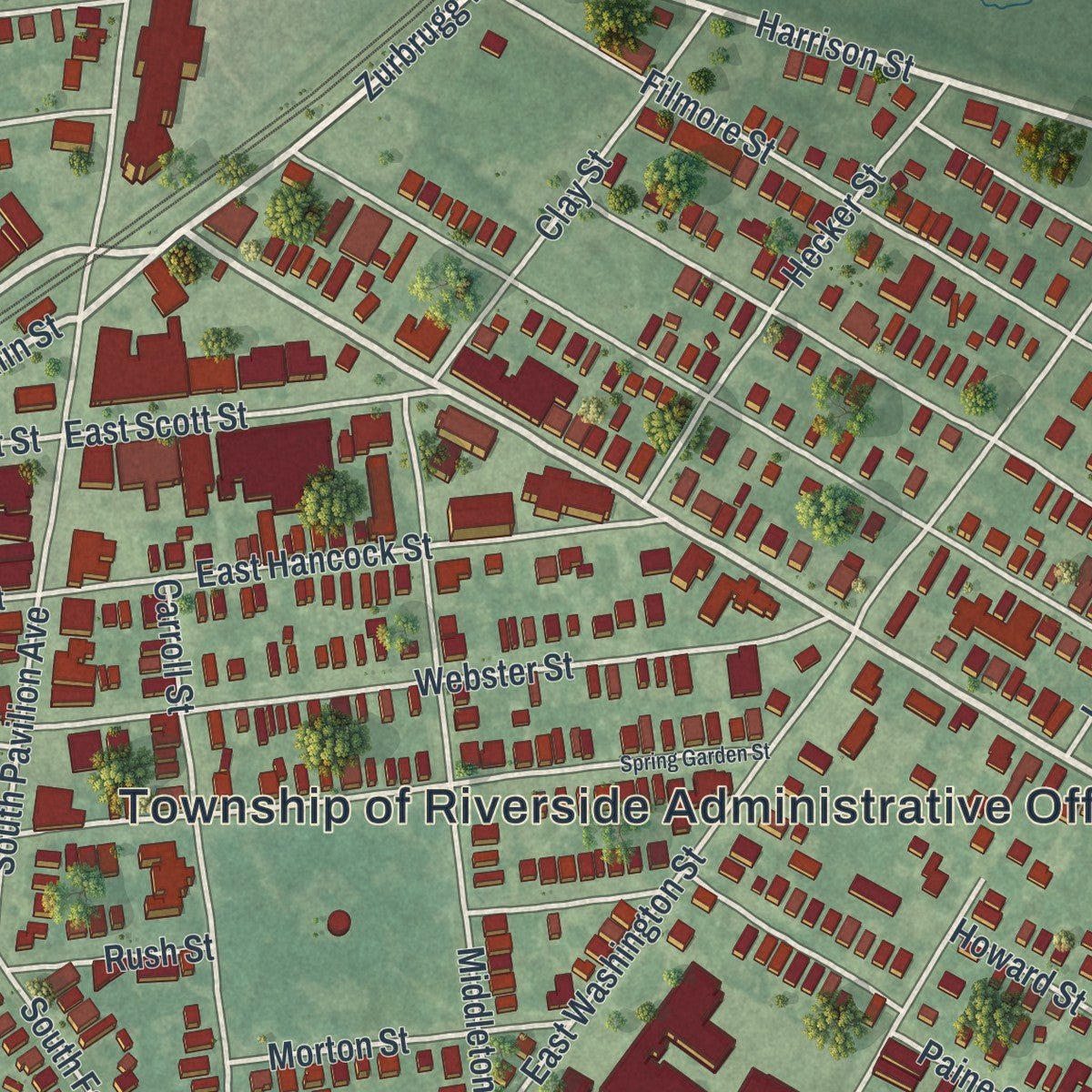 Close-up of the map of Riverside, New Jersey print showing street and building detail