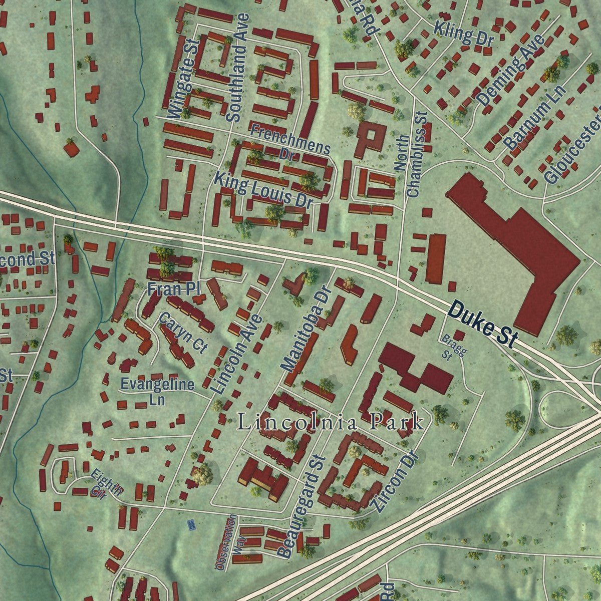 Close-up of the map of Lincolnia, Virginia print showing street and building detail
