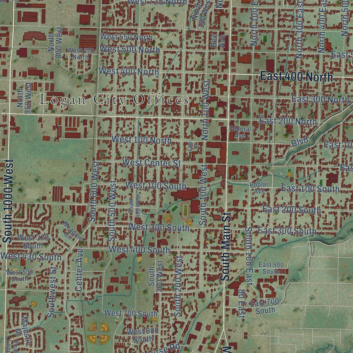 Close-up of the map of Logan, Utah print showing street and building detail