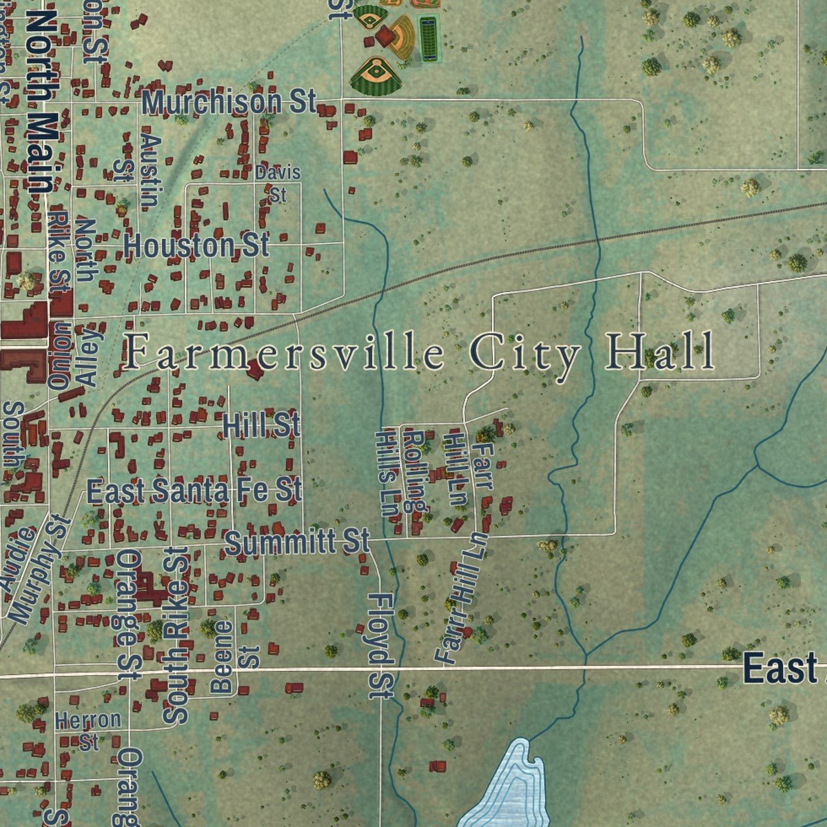 Close-up of the map of Farmersville, Texas print showing street and building detail