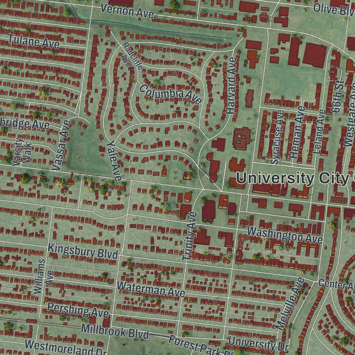 Close-up of the map of University City, Missouri print showing street and building detail