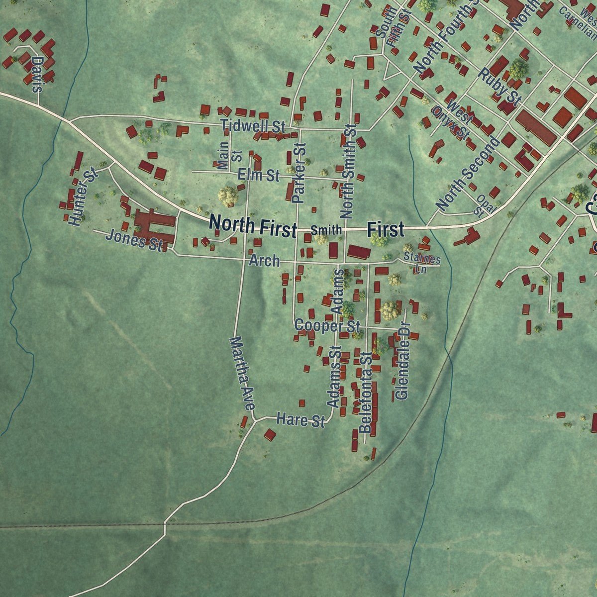 Close-up of the map of Stephens, Arkansas print showing street and building detail