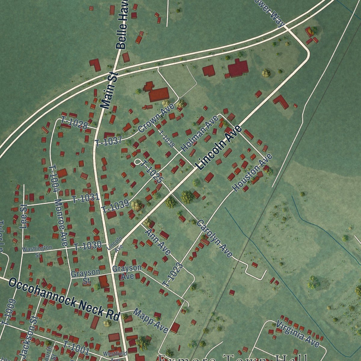 Close-up of the map of Exmore, Virginia print showing street and building detail