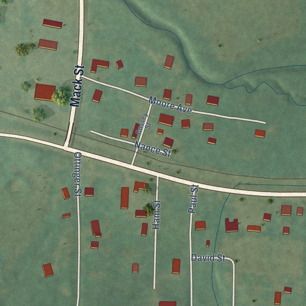 Close-up of the map of Moorefield, Arkansas print showing street and building detail