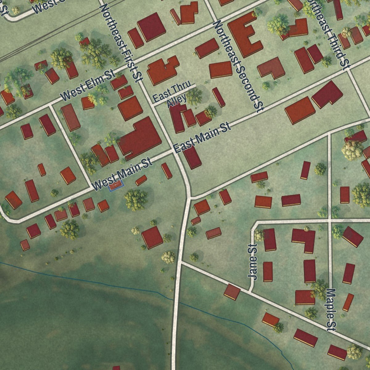 Close-up of the map of Hardin, Missouri print showing street and building detail