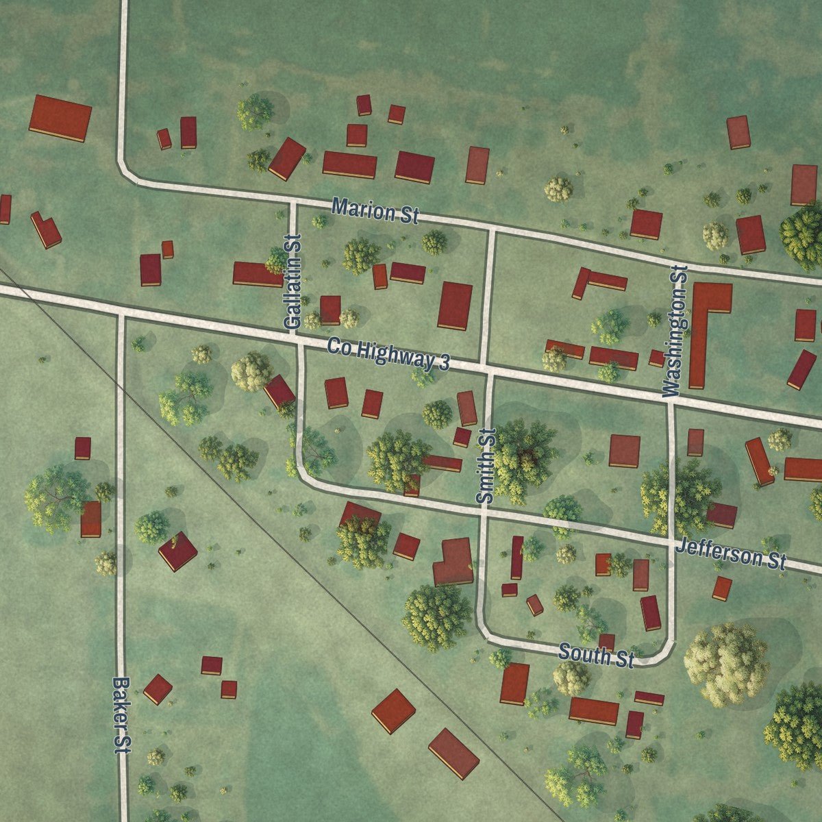 Close-up of the map of Walnut Hill, Illinois print showing street and building detail