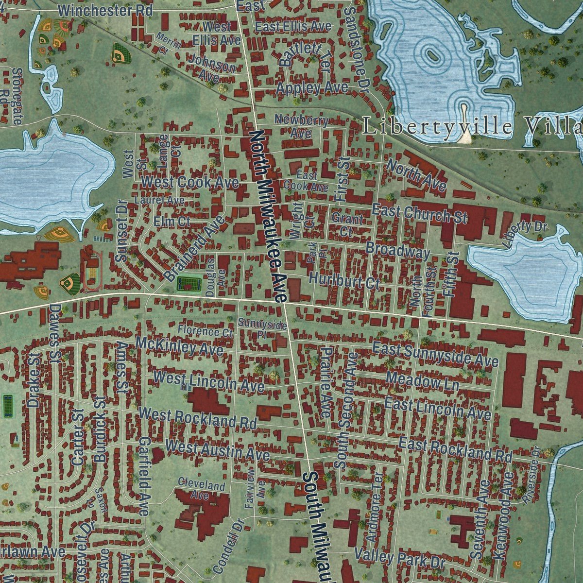 Close-up of the map of Libertyville, Illinois print showing street and building detail