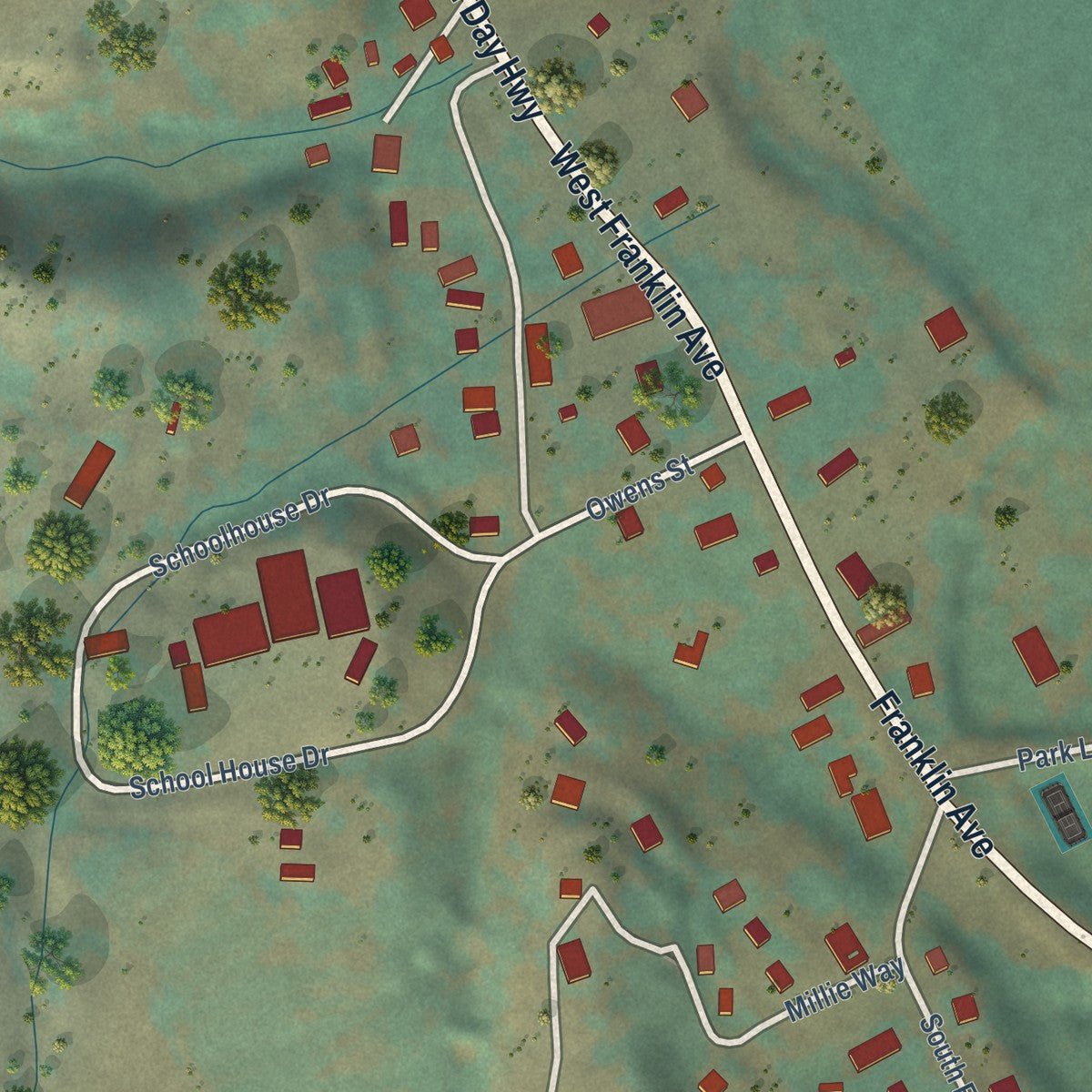 Close-up of the map of Dayville, Oregon print showing street and building detail