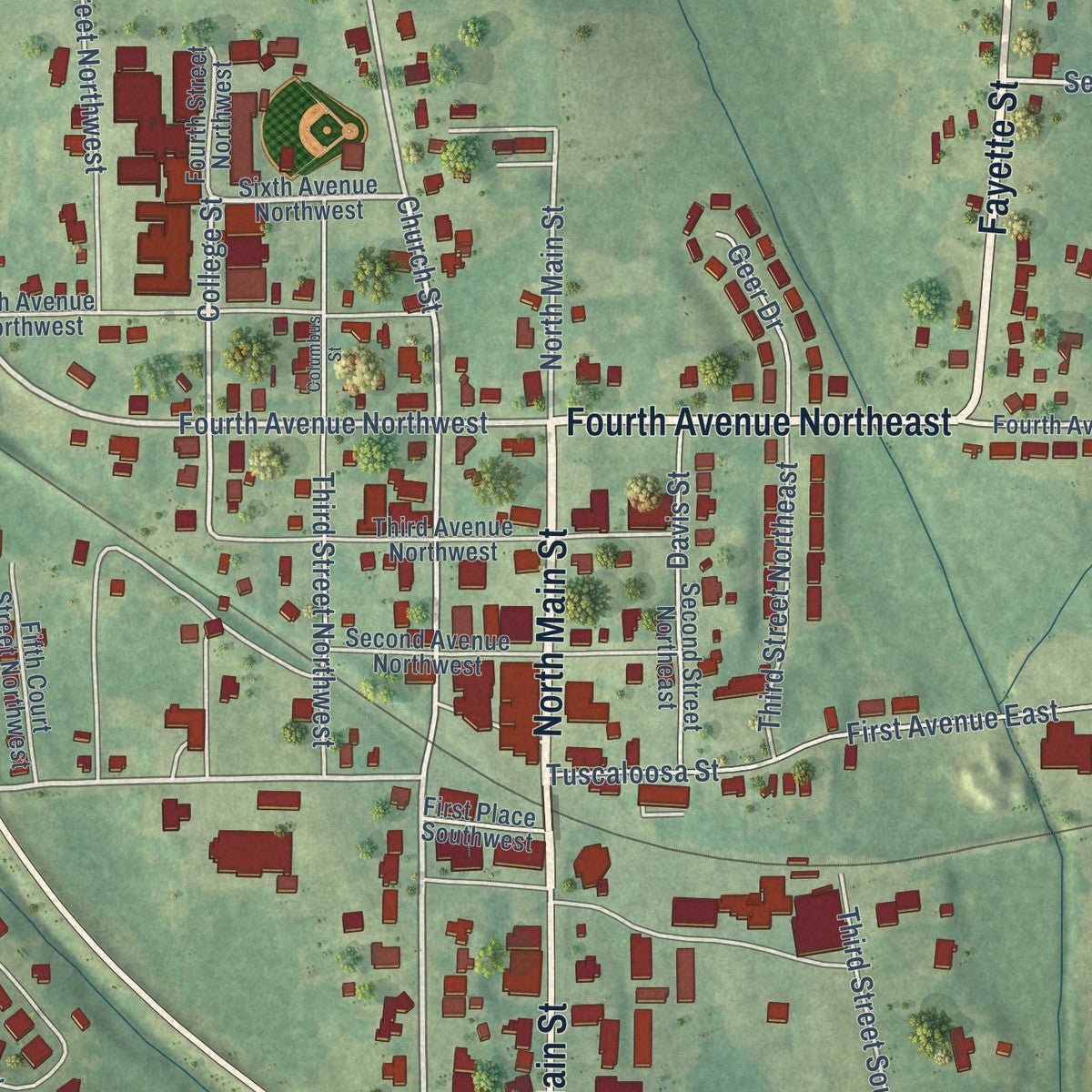 Close-up of the map of Gordo, Alabama print showing street and building detail