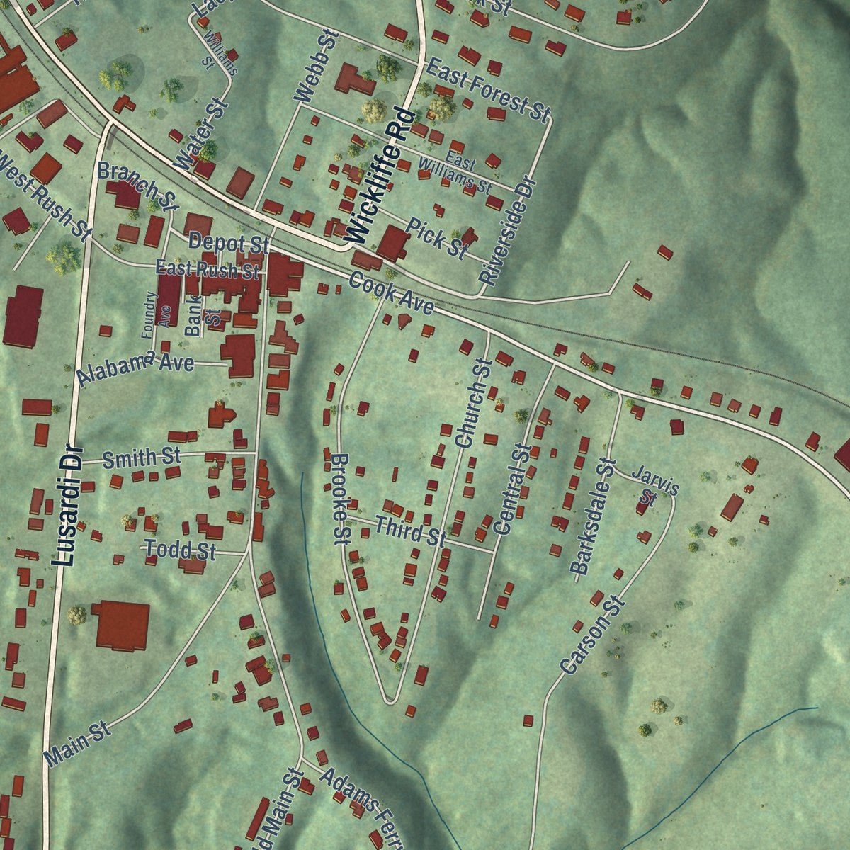 Close-up of the map of Brookneal, Virginia print showing street and building detail