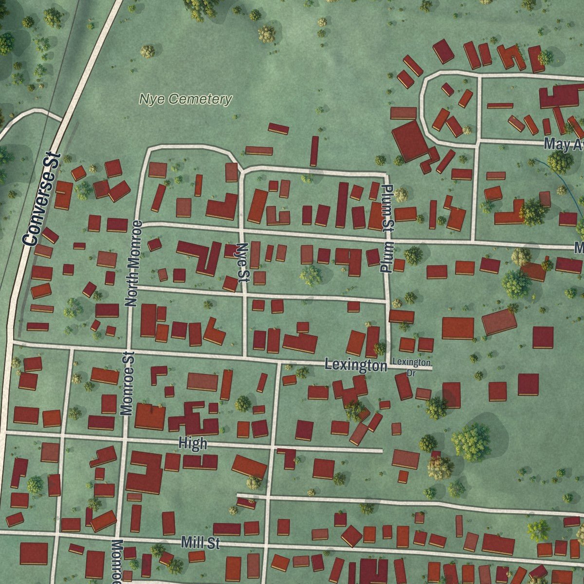 Close-up of the map of Chauncey, Ohio print showing street and building detail