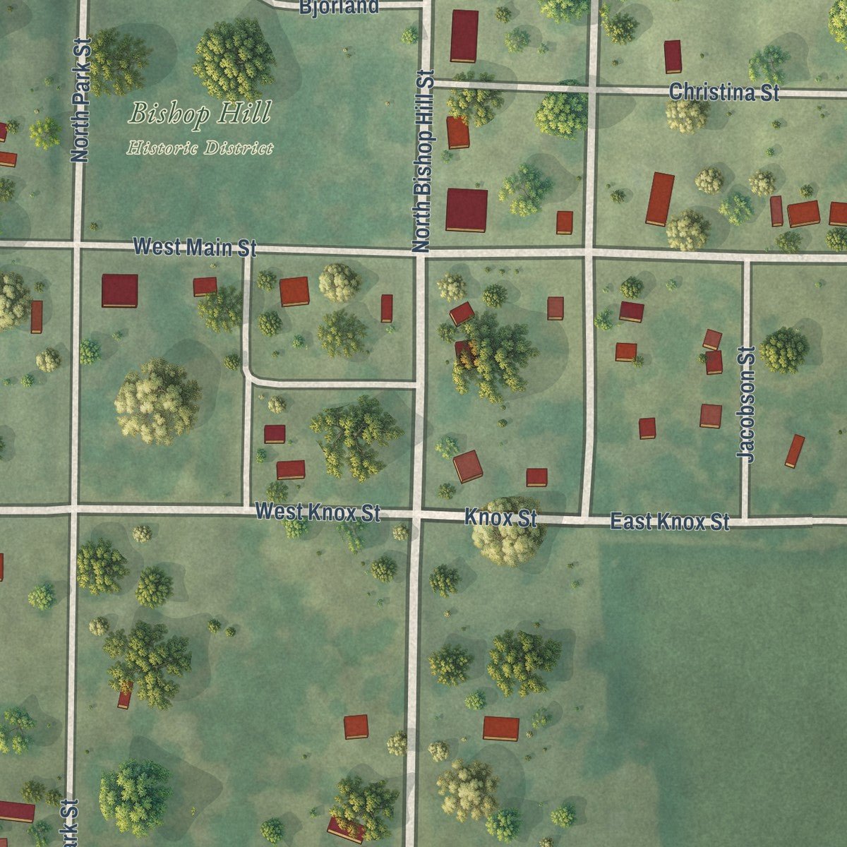 Close-up of the map of Bishop Hill, Illinois print showing street and building detail