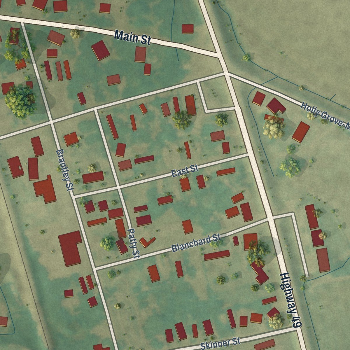 Close-up of the map of Cruger, Mississippi print showing street and building detail