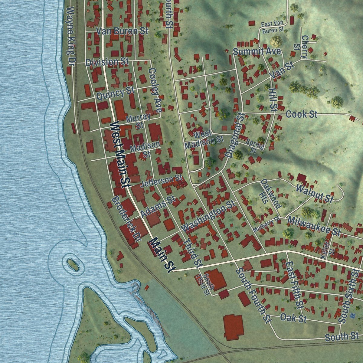 Close-up of the map of Savanna, Illinois print showing street and building detail
