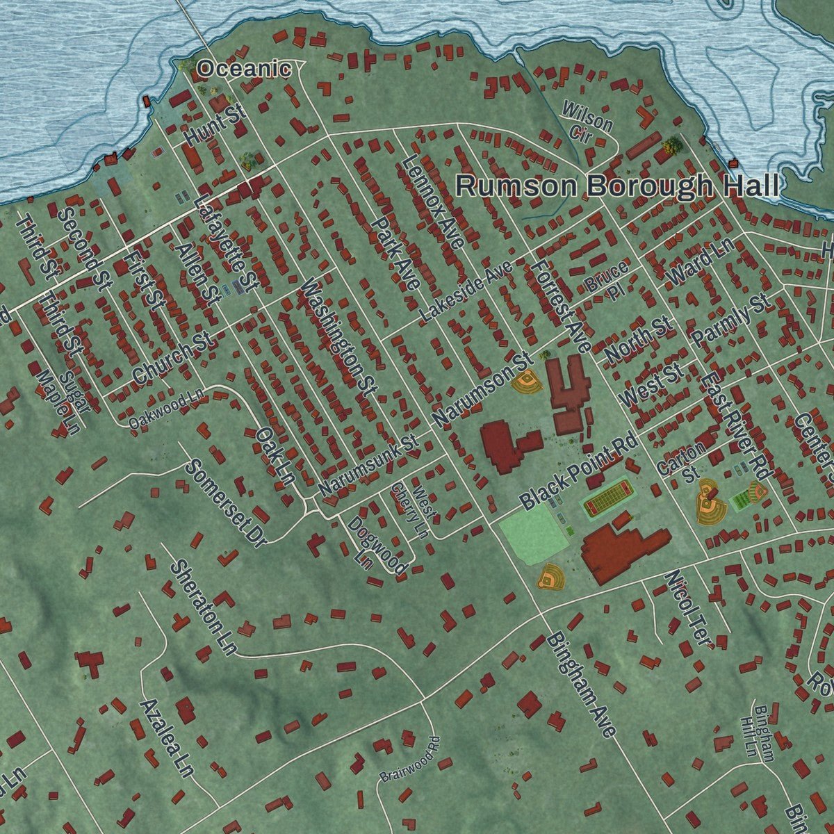 Close-up of the map of Rumson, New Jersey print showing street and building detail