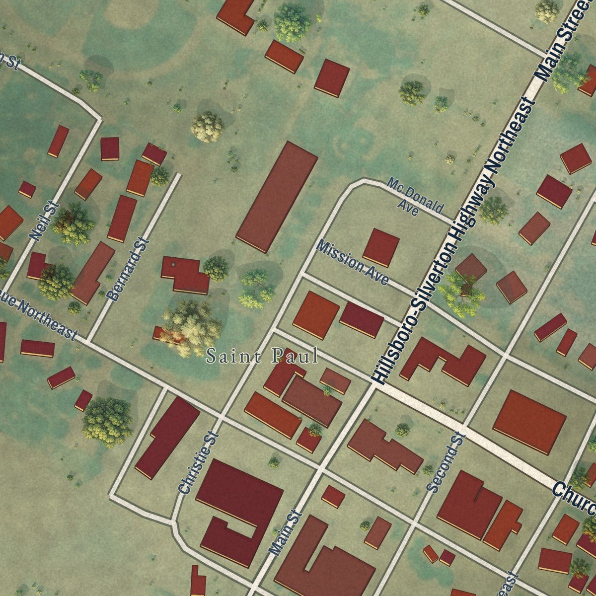 Close-up of the map of St. Paul, Oregon print showing street and building detail