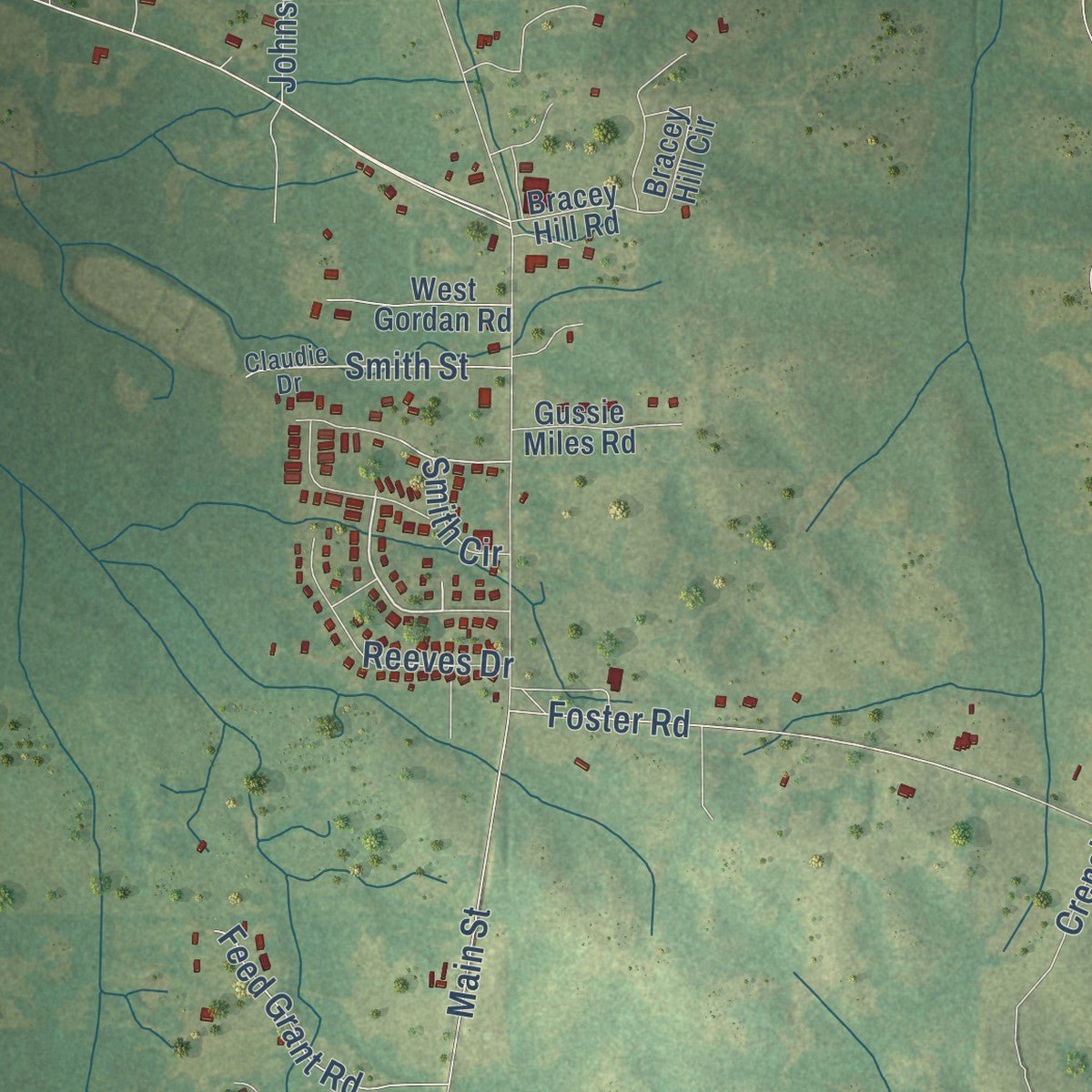 Close-up of the map of Mosses, Alabama print showing street and building detail