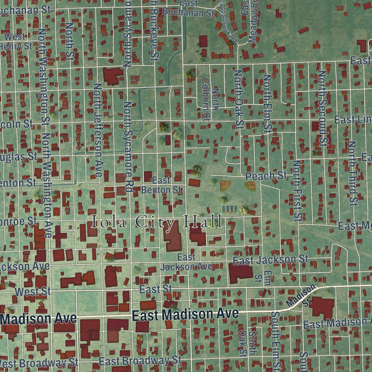 Close-up of the map of Iola, Kansas print showing street and building detail