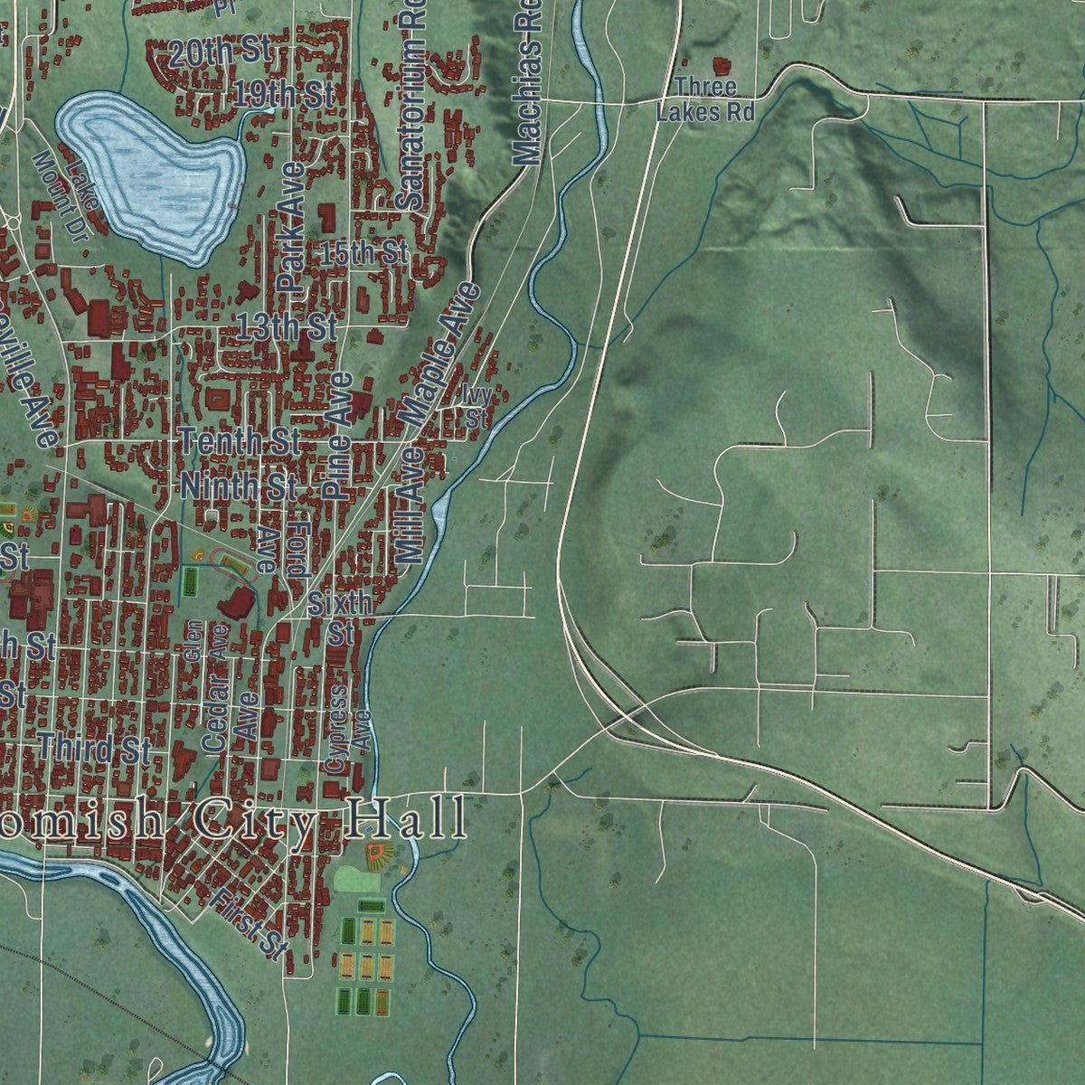 Close-up of the map of Snohomish, Washington print showing street and building detail