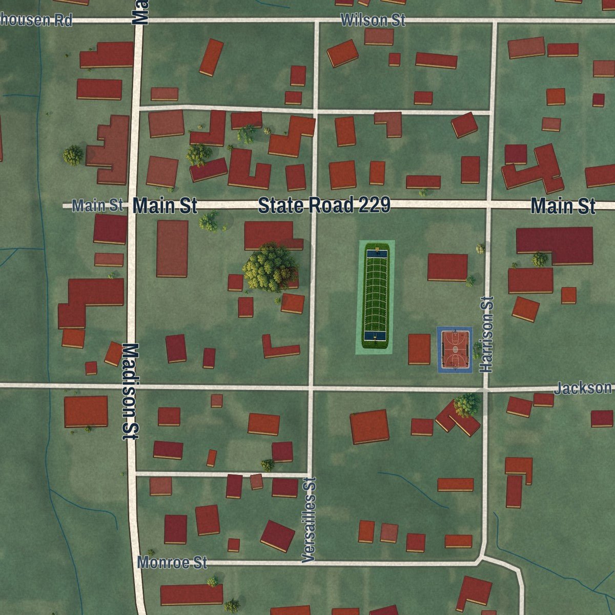 Close-up of the map of Napoleon, Indiana print showing street and building detail