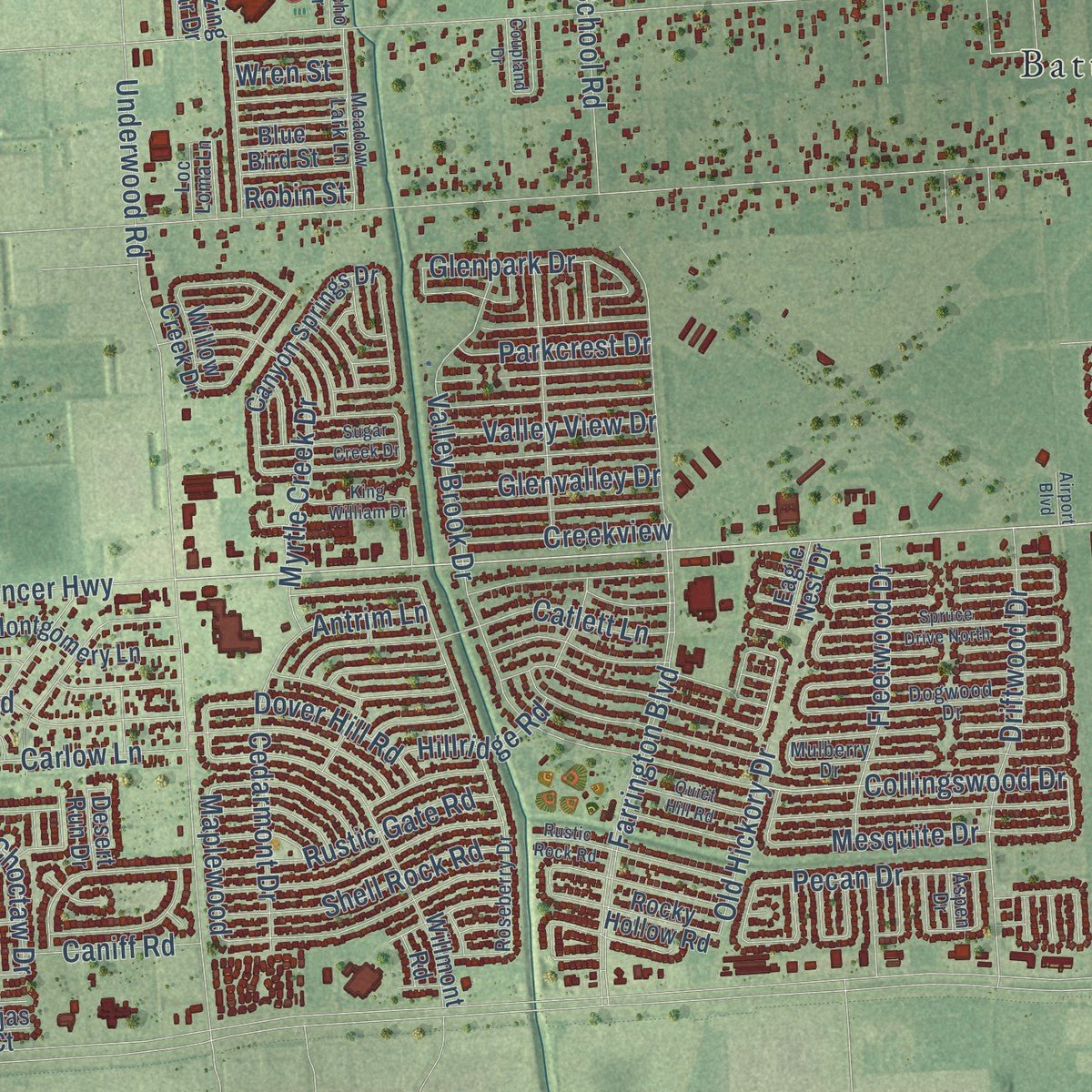 Close-up of the map of La Porte, Texas print showing street and building detail