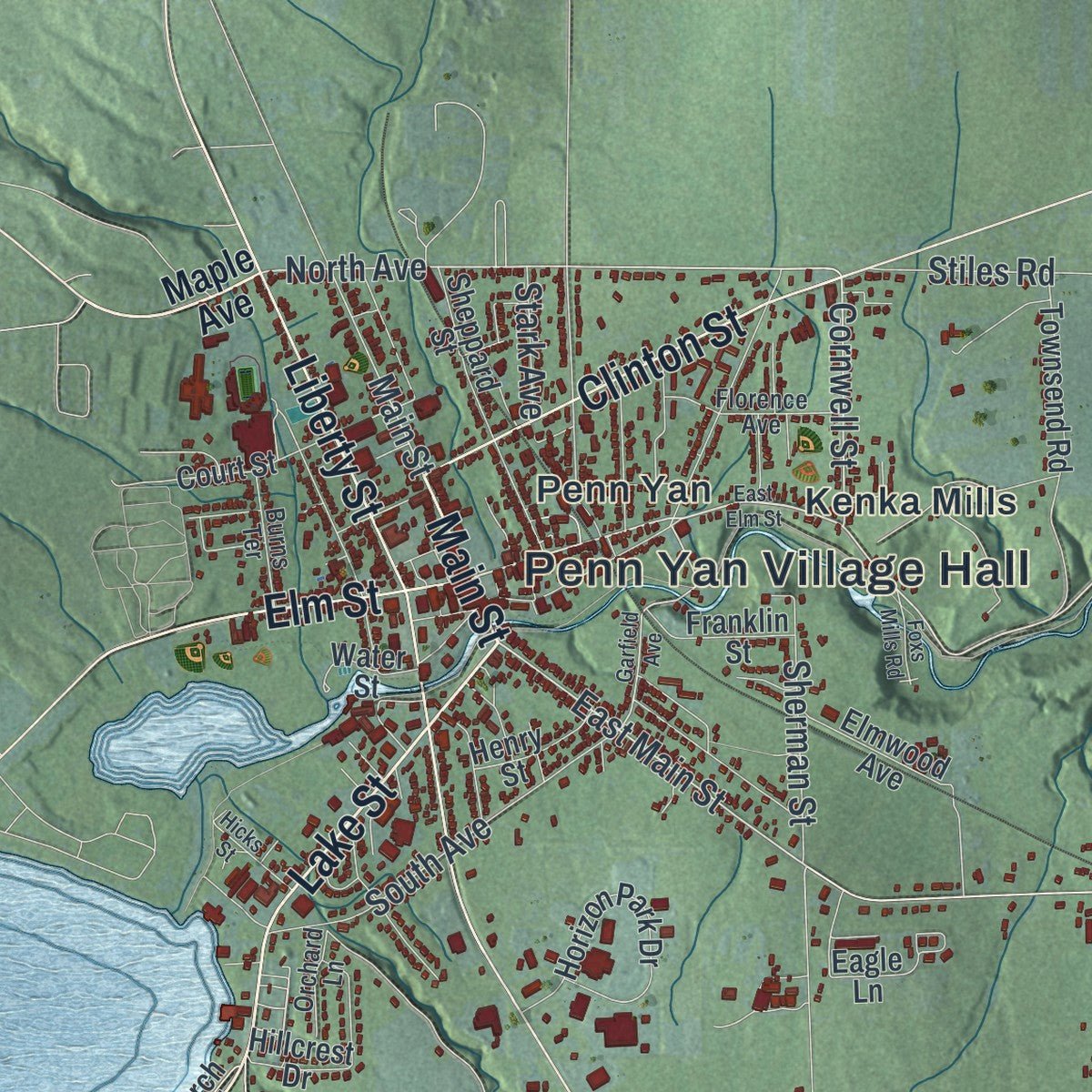 Close-up of the map of Milo, New York print showing street and building detail