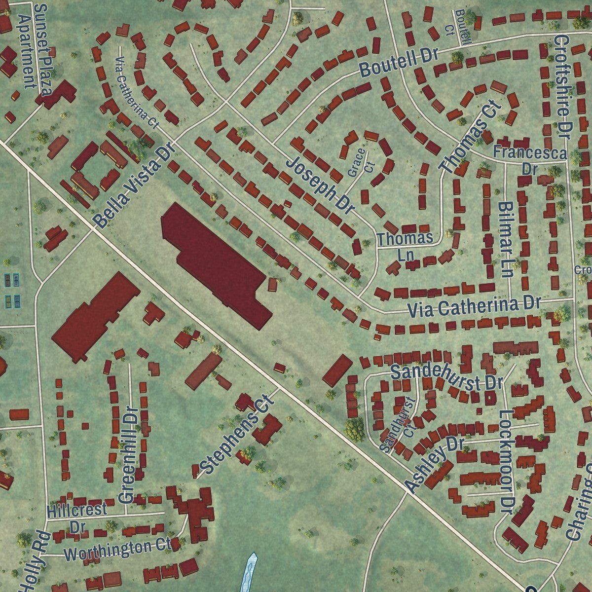 Close-up of the map of Grand Blanc, Michigan print showing street and building detail