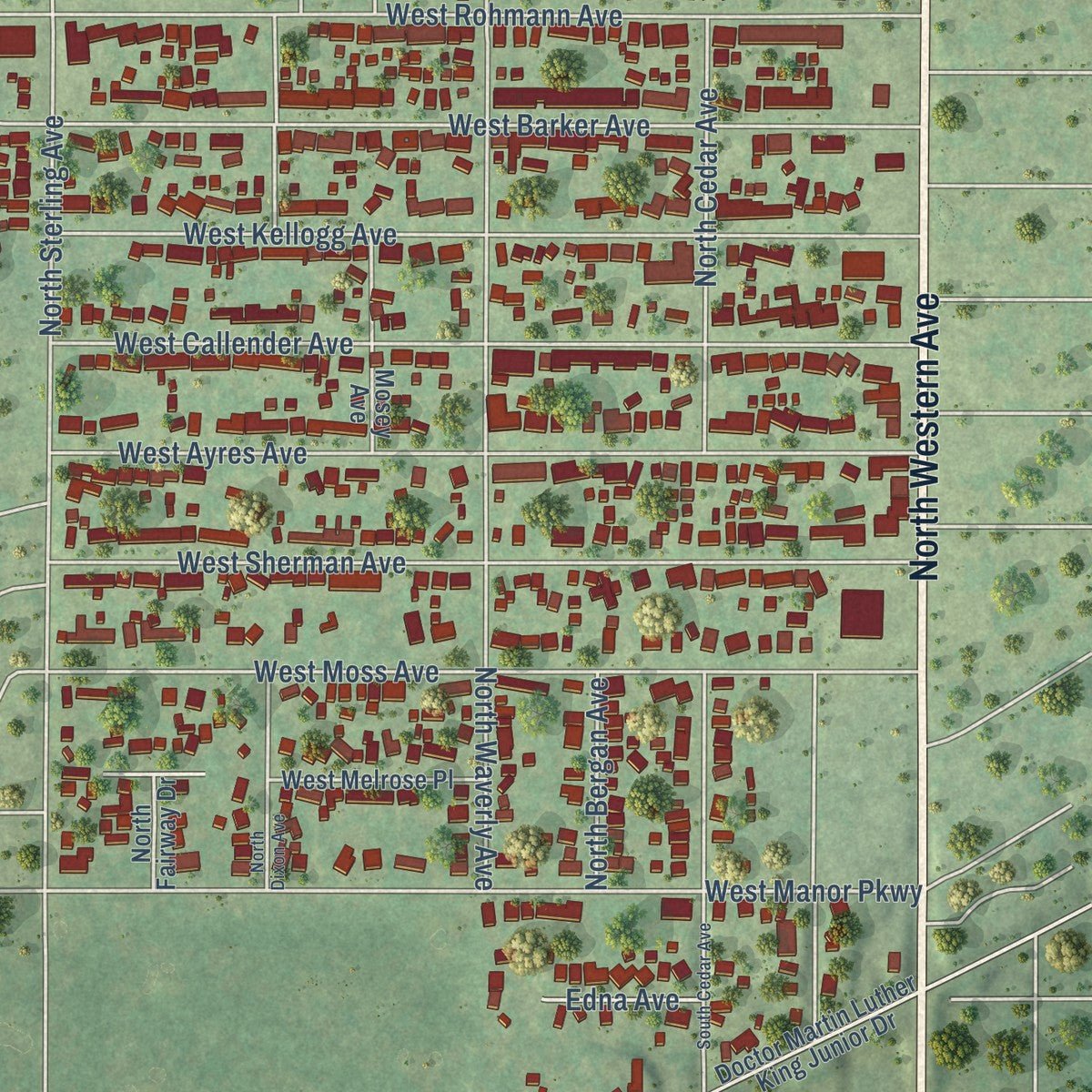 Close-up of the map of West Peoria, Illinois print showing street and building detail