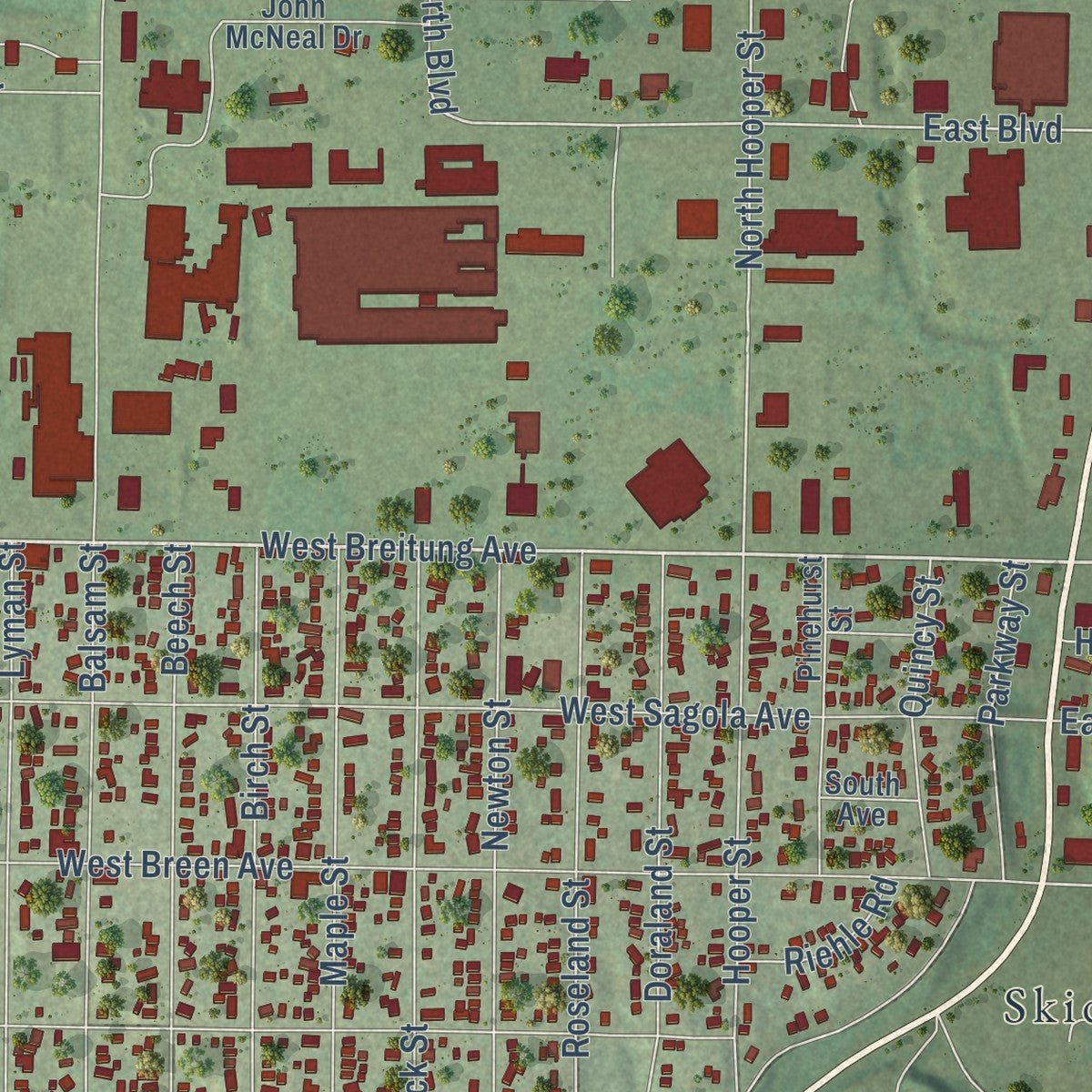 Close-up of the map of Kingsford, Michigan print showing street and building detail