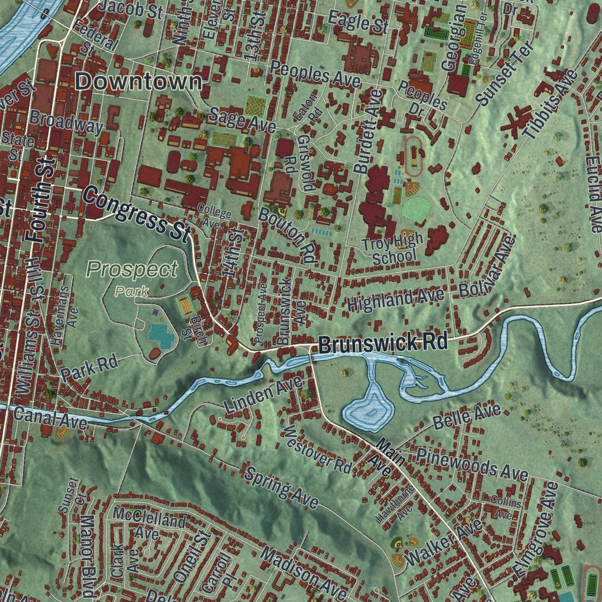 Close-up of the map of Troy, New York print showing street and building detail