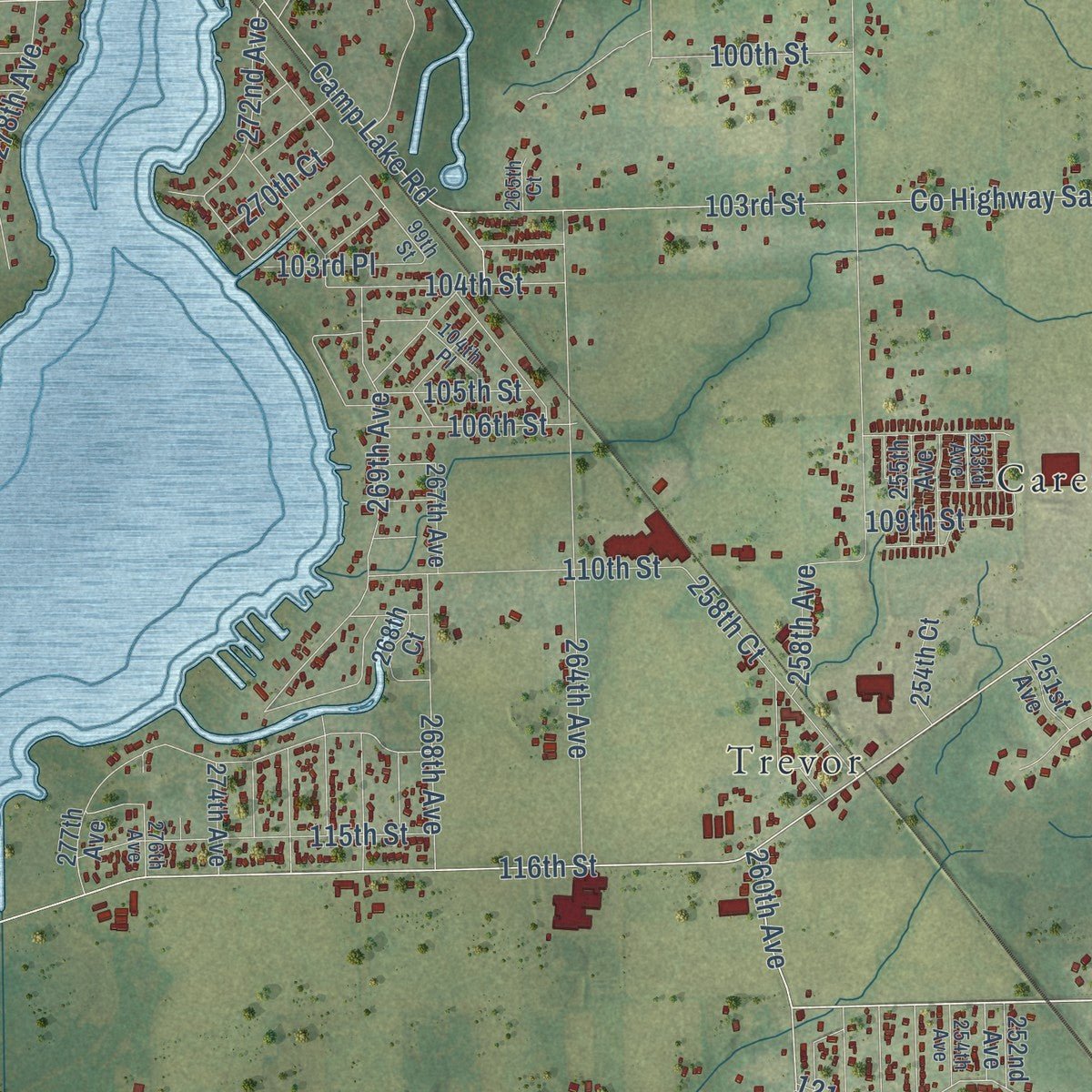 Close-up of the map of Salem Lakes, Wisconsin print showing street and building detail