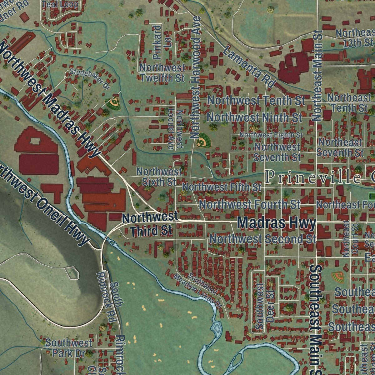 Close-up of the map of Prineville, Oregon print showing street and building detail