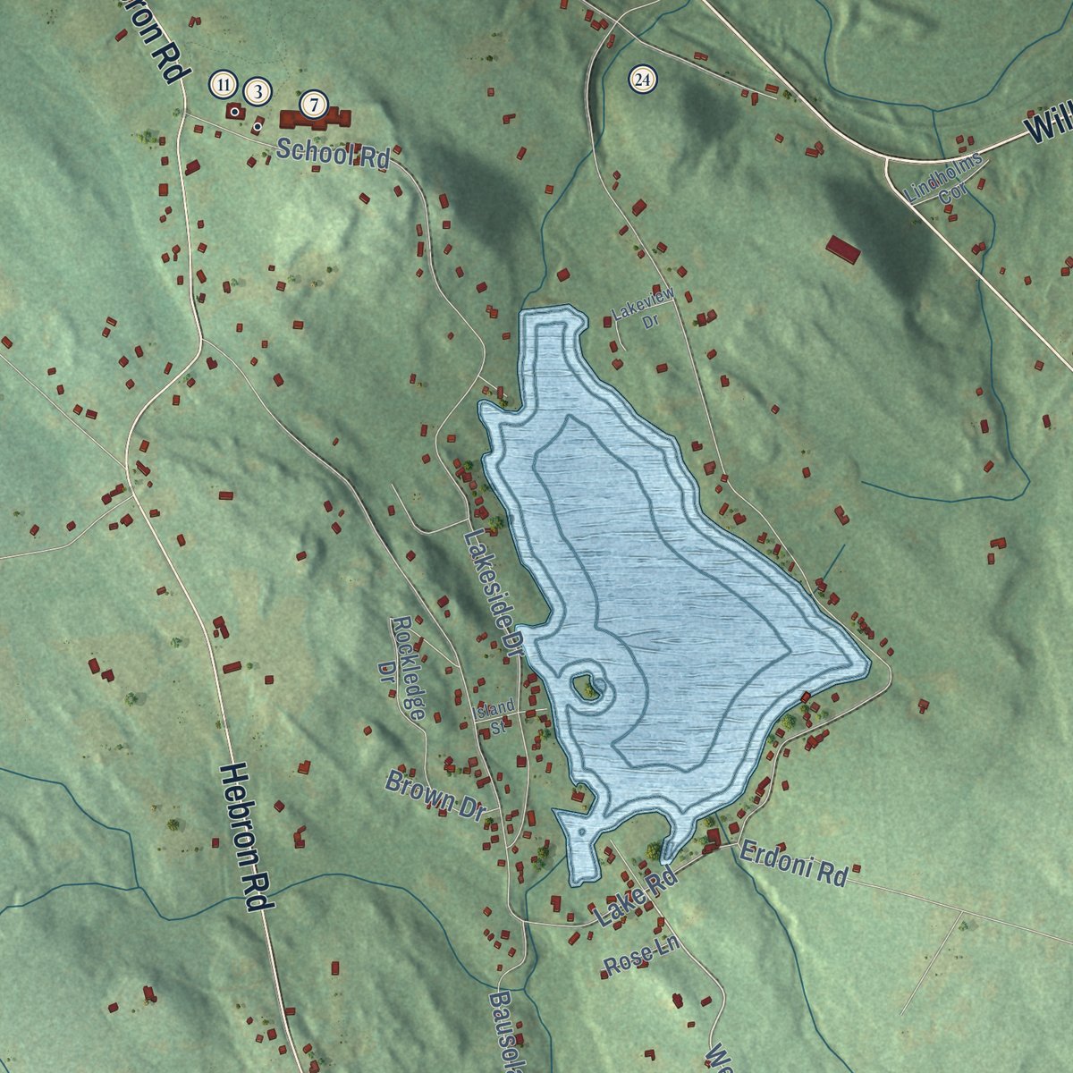 Close-up of the map of Andover, Connecticut print showing street and building detail
