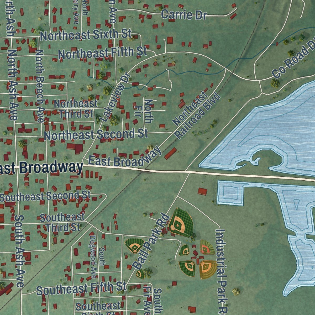 Close-up of the map of Spiro, Oklahoma print showing street and building detail