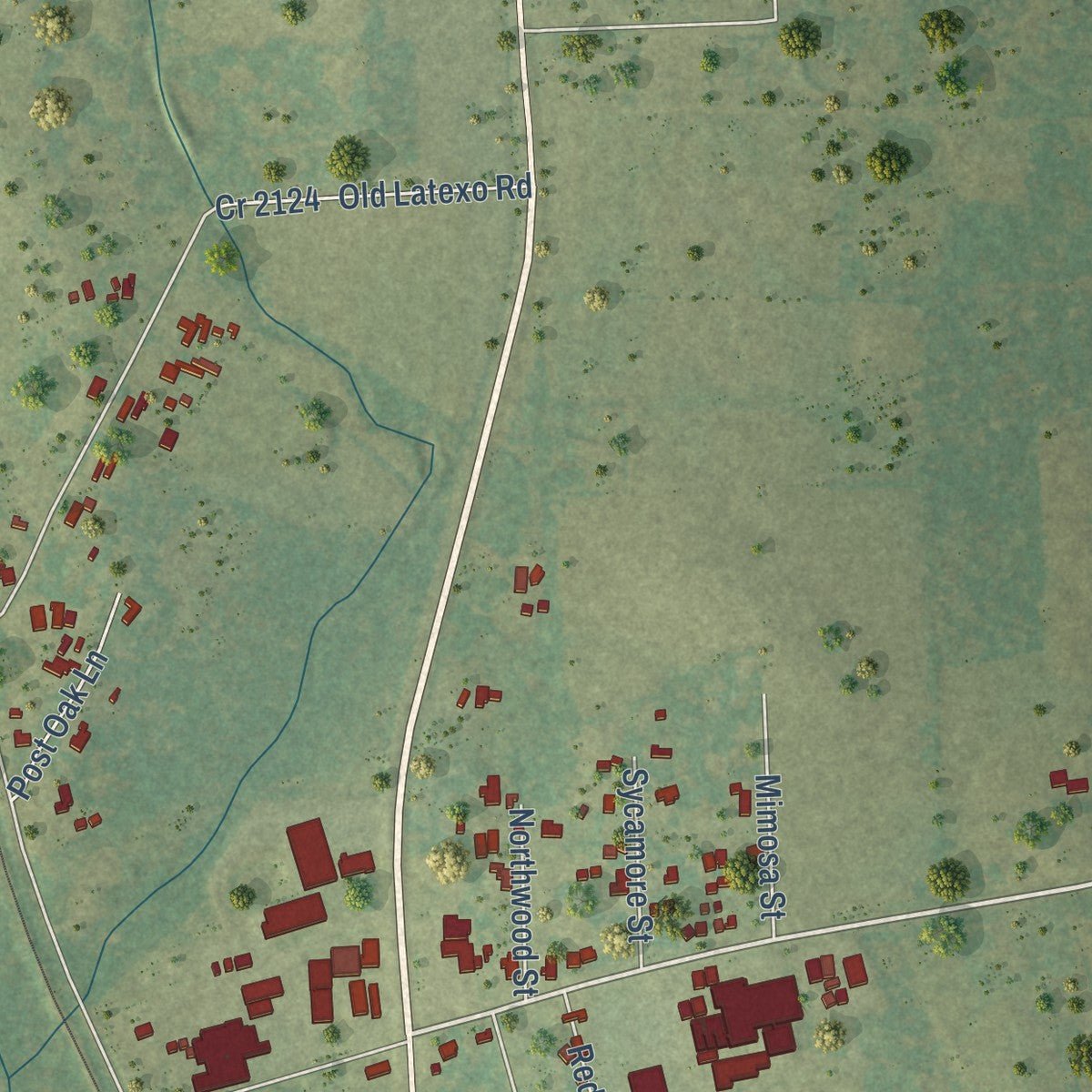 Close-up of the map of Latexo, Texas print showing street and building detail