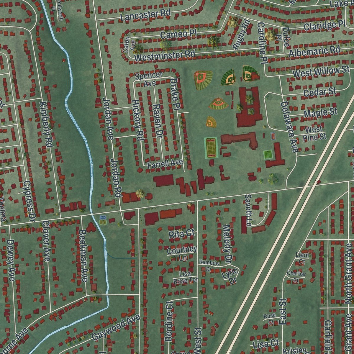 Close-up of the map of Colonia, New Jersey print showing street and building detail