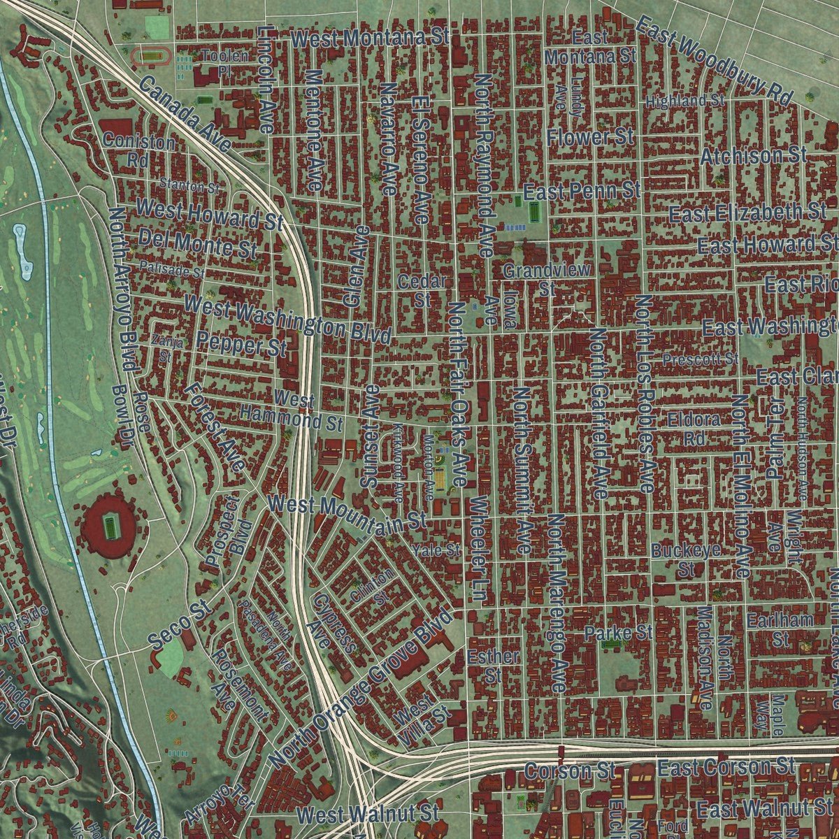 Close-up of the map of Pasadena, California print showing street and building detail