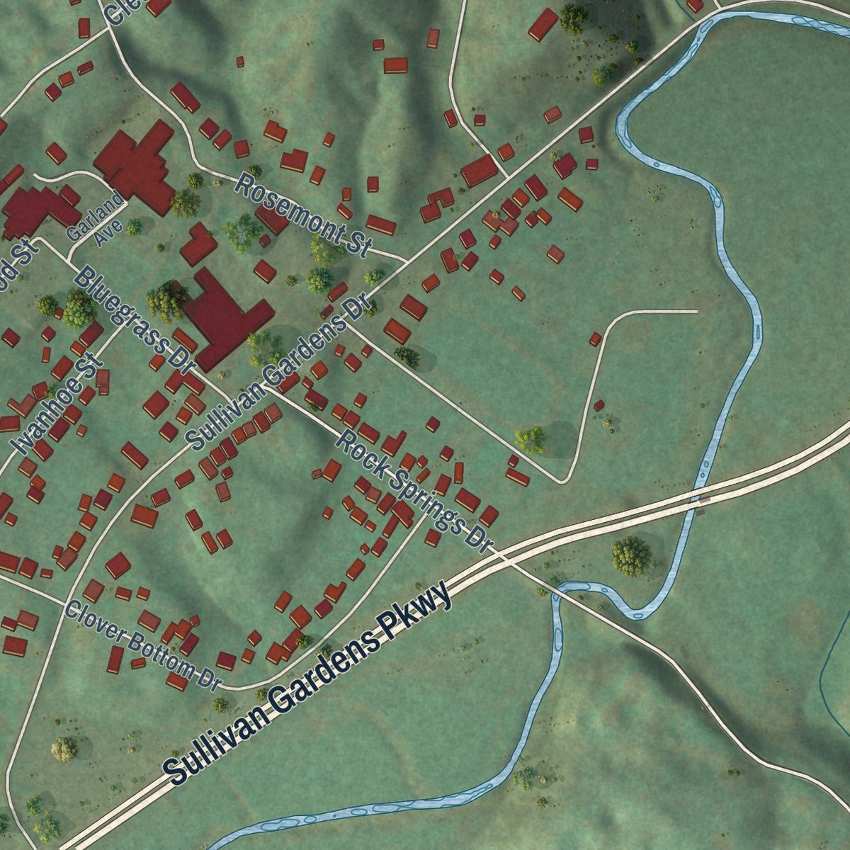 Close-up of the map of Sullivan Gardens, Tennessee print showing street and building detail