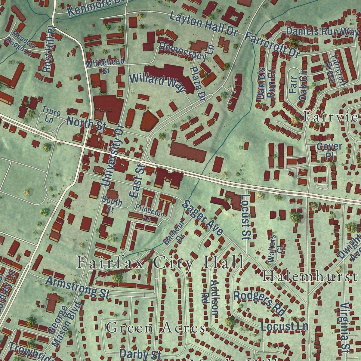 Close-up of the map of Fairfax, Virginia print showing street and building detail