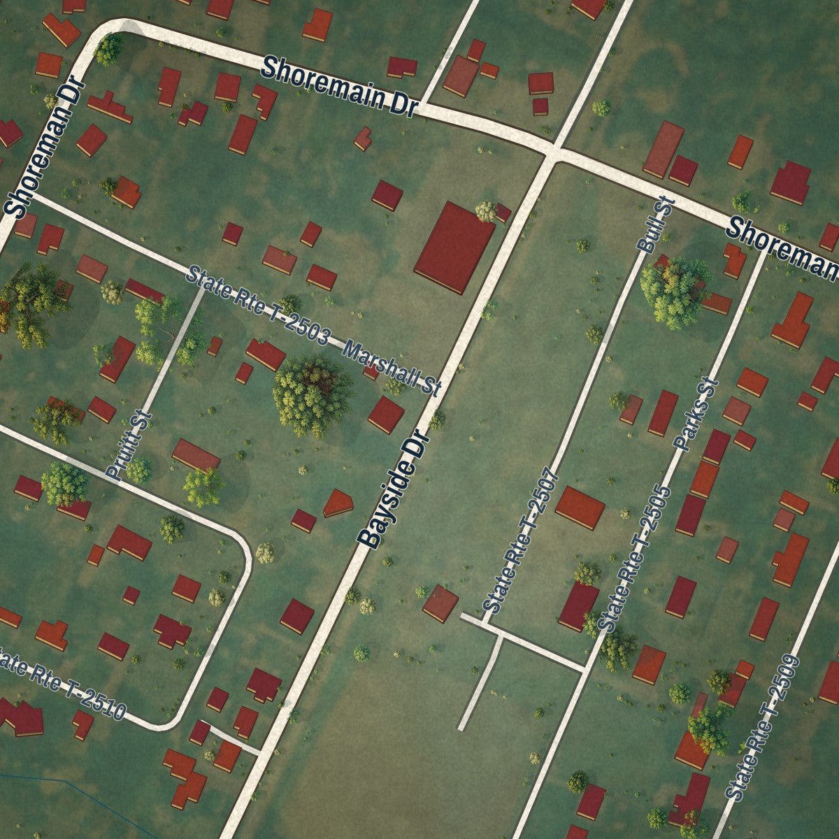 Close-up of the map of Bloxom, Virginia print showing street and building detail